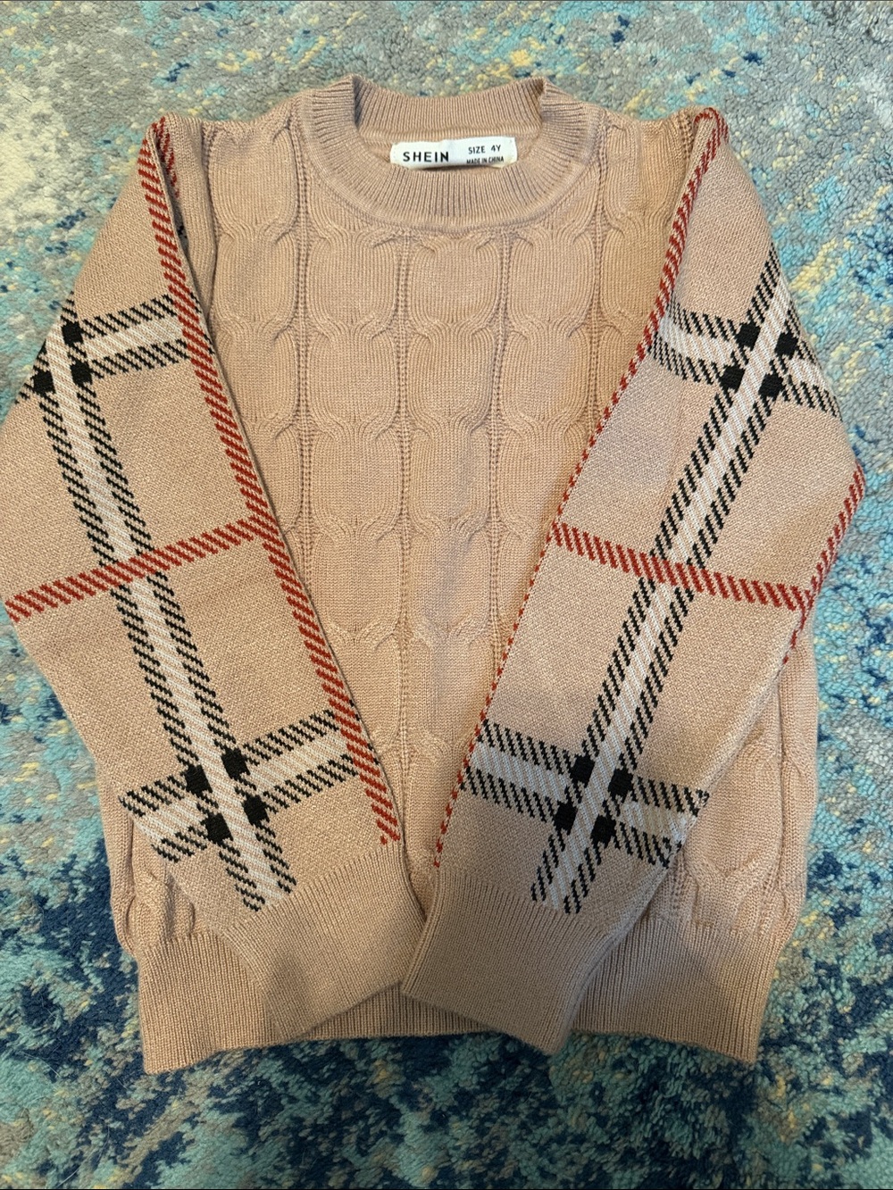 SHEIN Blush Cable Knit Sweater with Plaid Sleeve Accents